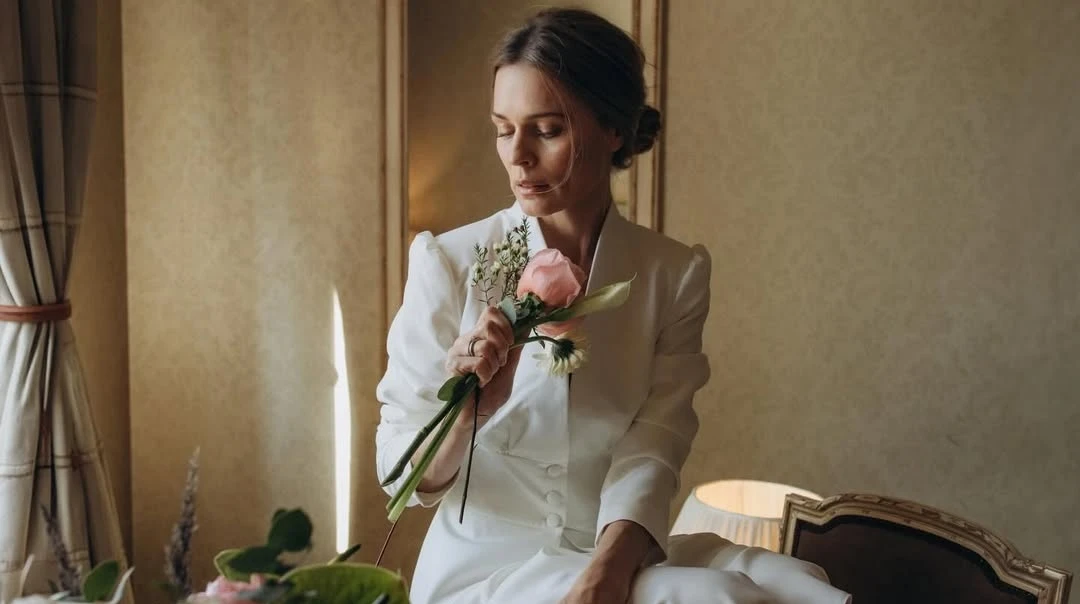 Задумлива Фреймут вмостилася на стіл для фотосету з квітами