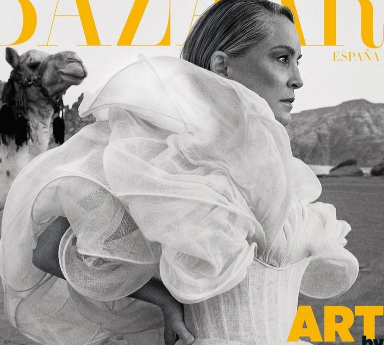 Шерон Стоун у кутюрному корсеті та з голим животом знялася з верблюдами в пустелі. Фото