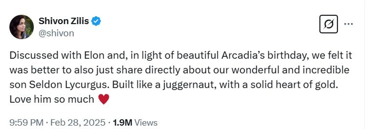 Шівон Зіліс у перший день народження дочки Аркадії повідомила про народження ще одного сина від Маска