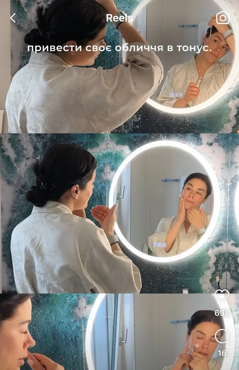 Перед масажем обличчя вагітна Іванна наносить спеціальну сироватку