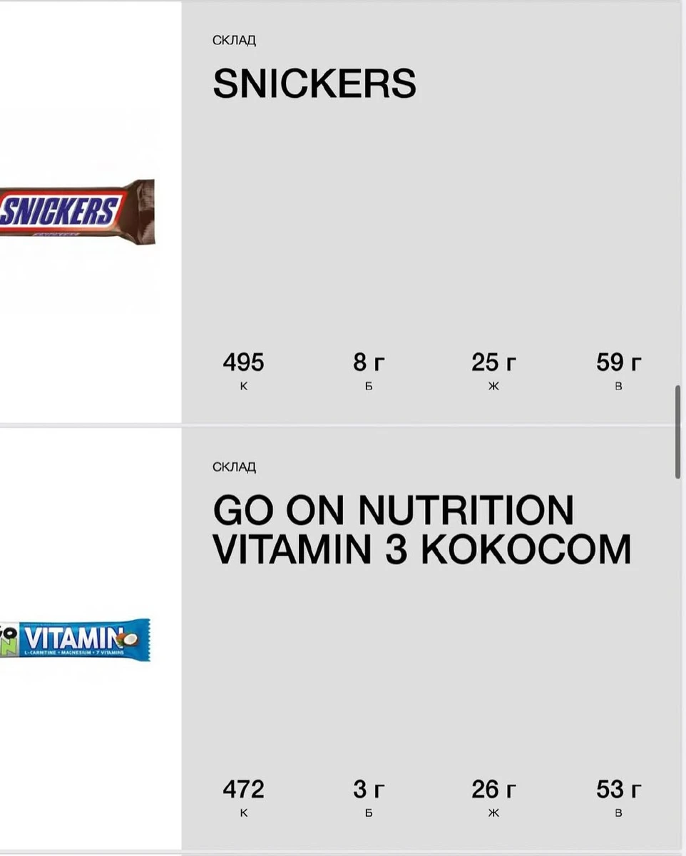 Протеїнові батончики або хелсі бари. Дуже важко побачити і знайти дійсно гарний склад. Прям один на 20 шт. Часто це просто солодка шоколадка. Для порівняння в каруселі батончик, який купують, щоб покращити форму, і батончик солоденьке. Дивимося порівнюємо! Розуміємо, - закликала Луценко