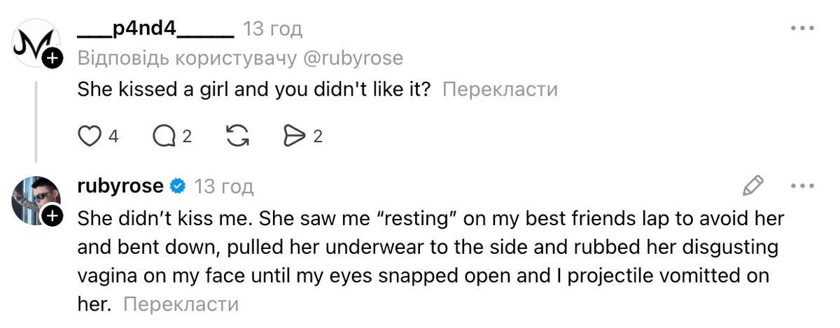 Рубі Роуз звинуватила Кеті Перрі, що та сіла вагіною на її обличчя
