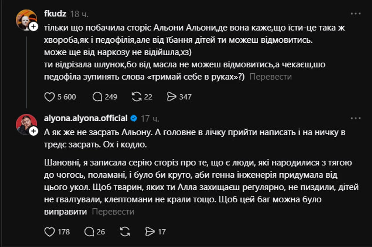 alyona alyona порівняла педофілії до голоду