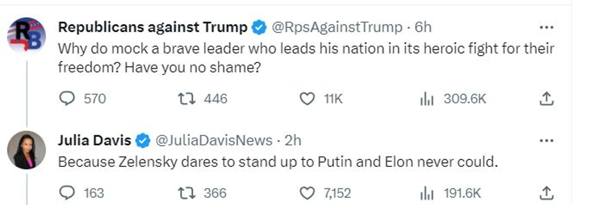 Навіщо знущатися з відважного лідера, який веде свій народ у його героїчній боротьбі за свободу? Вам не соромно?Тому що Зеленський наважується протистояти Путіну, а Ілон ніколи не міг, - пишуть у коментарях до посту Маска