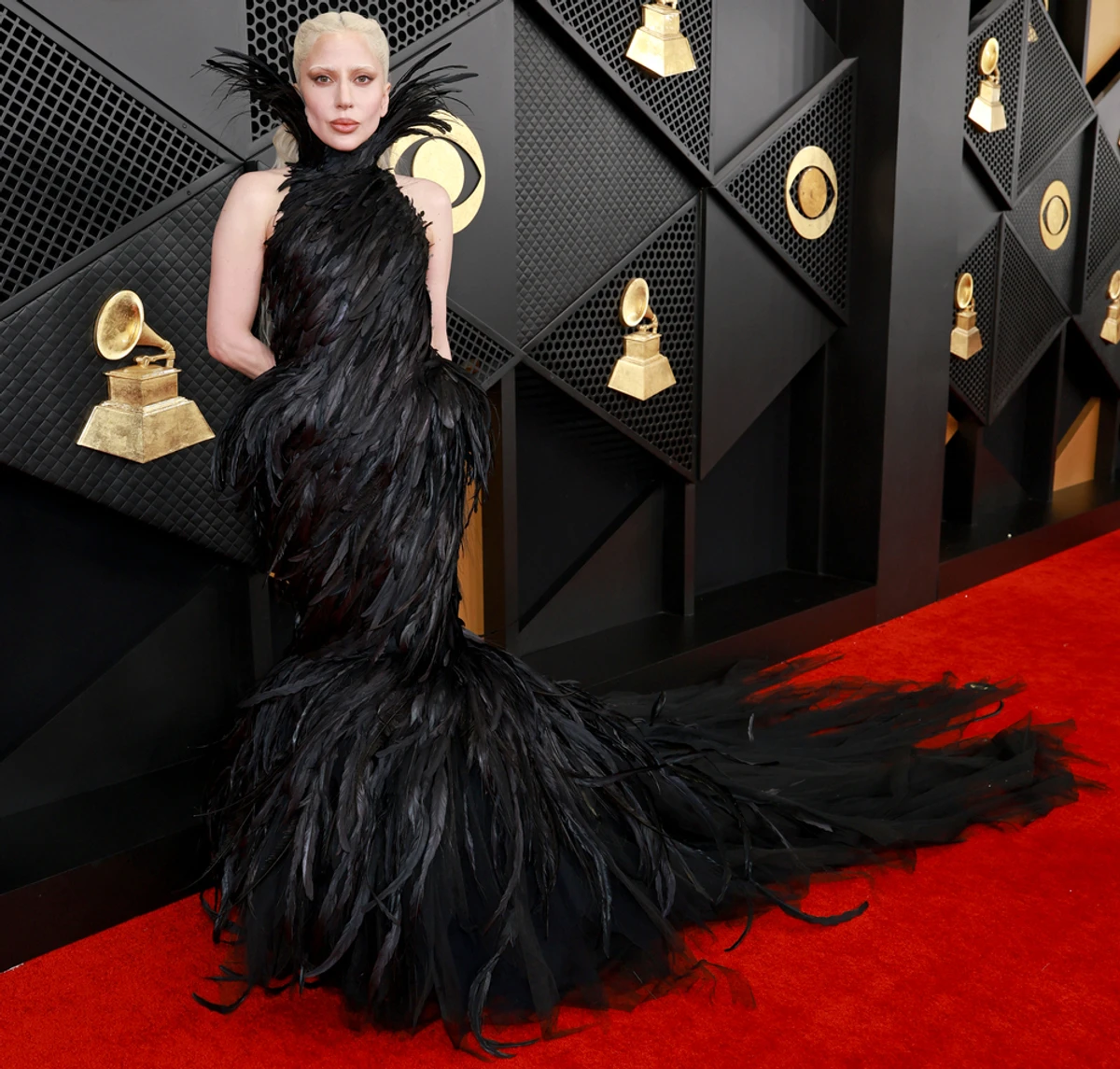 Lady Gaga попозувала в ефектній сукні з пір'ям на Греммі