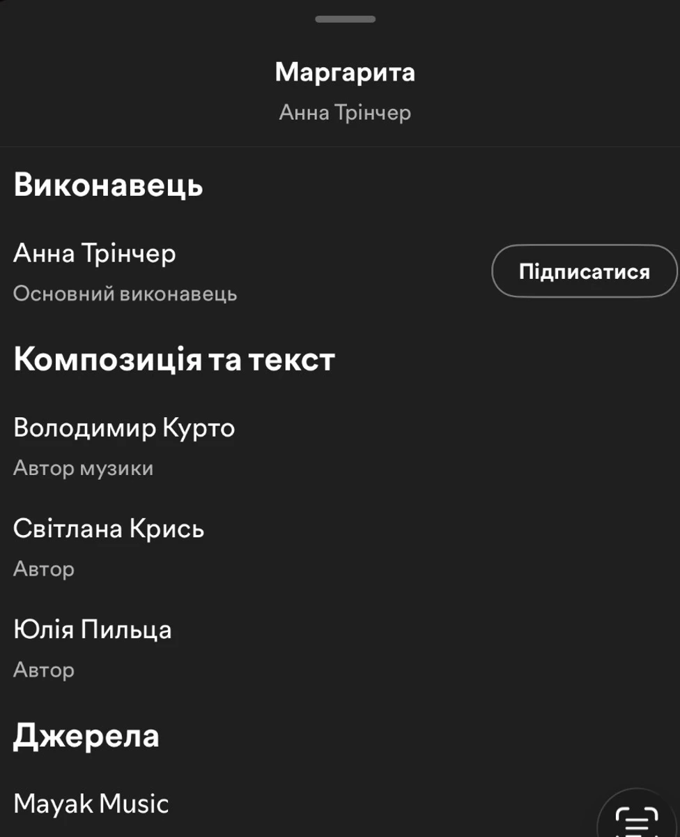 Музвар наводить скрін, на якому композитором пісні Трінчер зазначений саме Курто